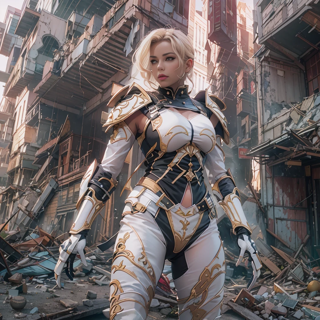 Black armed female figure in sexy battle armor, masterpiece, best quality, UHD, cinematic, texture overlay, megapixel, Octane render, film grain, Fujifilm xt3, delineate, intrigated details, shadows details, ultra realistic, split toning , ambient occlusion, Surface scattering,, soft ligths, glow, ant-aliasing, muted colors, unreal engine 5, contour, photografic,(blonde hair),(white and Pinky armor),(bimbo : 1.5),(vogue makeup),(Background of a city in ruins),(Full body).