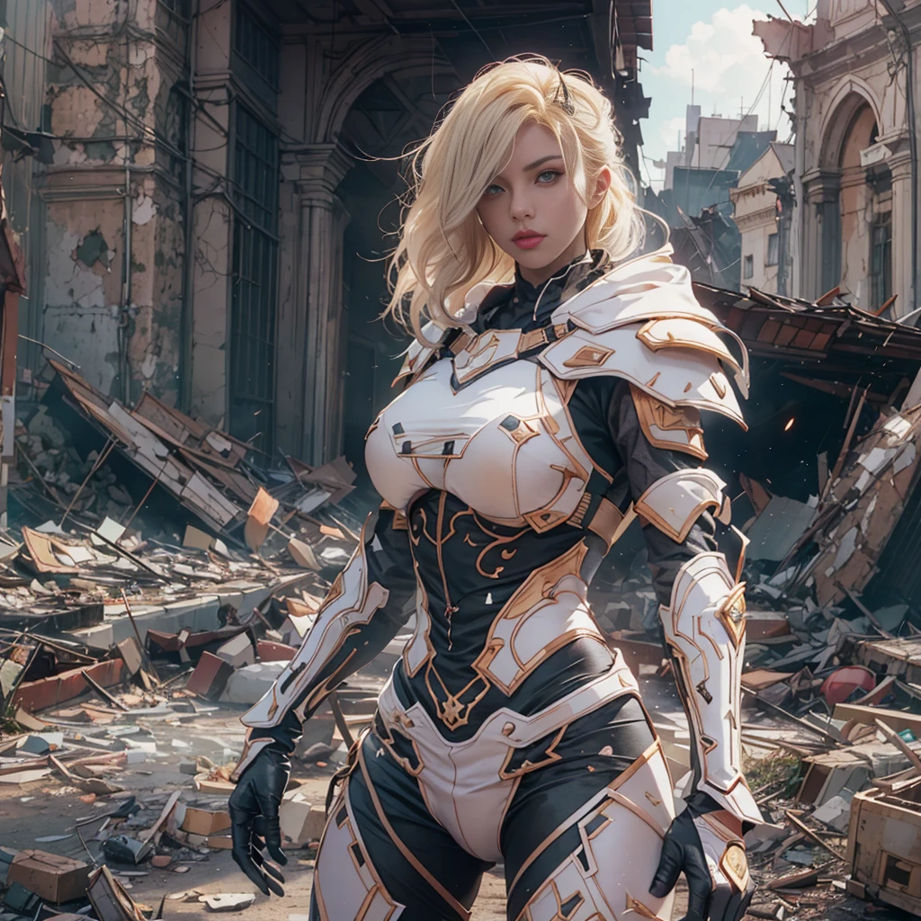 Black armed female figure in sexy battle armor, masterpiece, best quality, UHD, cinematic, texture overlay, megapixel, Octane render, film grain, Fujifilm xt3, delineate, intrigated details, shadows details, ultra realistic, split toning , ambient occlusion, Surface scattering,, soft ligths, glow, ant-aliasing, muted colors, unreal engine 5, contour, photografic,(blonde hair),(white and Pinky armor),(bimbo : 1.5),(vogue makeup),(Background of a city in ruins),(Full body).