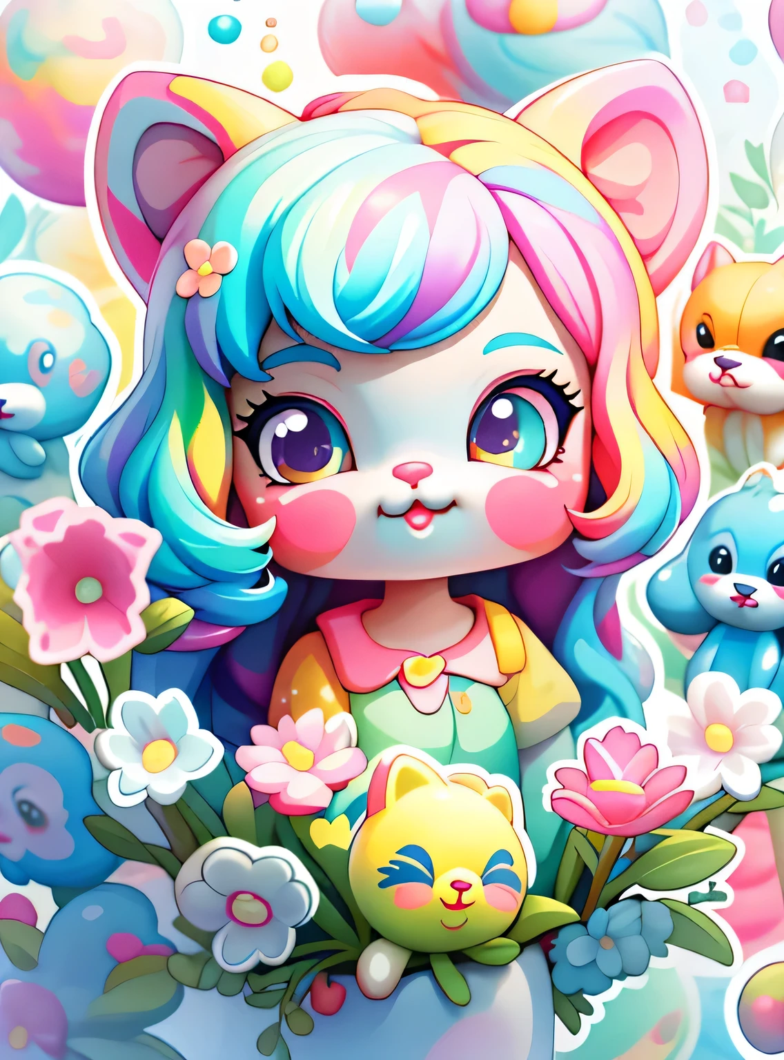 A close up of a cartoon cat with a bunch of flowers - SeaArt AI