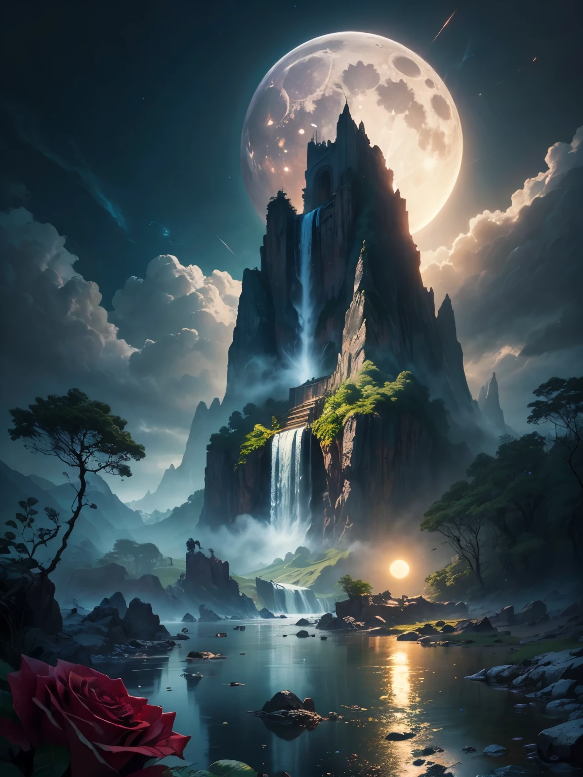 there is a large waterfall in the middle of a mountain, ancient city, epic matte painting of an island, the lost city of atlantis, an aztec city in a island lake, ancient city landscape, lost city of atlantis, marc simonetti. intricate, beautiful concept art, stunning concept art, highly realistic concept art, art style of marc simonetti, (((masterpiece))), best quality, high quality, extremely detailed CG unity 8k wallpaper, scenery, outdoors, sky, cloud, no people, mountain, landscape, water, tree, blue sky, waterfall, cliff, nature, lake, river, cloudy sky,award winning photography, Bokeh, Depth of Field, HDR, bloom, Chromatic Aberration ,Photorealistic,extremely detailed, trending on artstation, trending on CGsociety, Intricate, High Detail, dramatic, art by midjourney, tall waterfall, painting of a river with rocks and trees in the foreground, near a river, landscape, jungle, waterfall, crystal clear water, night light,((full moon)), colorful, river with rocks, rock bridge, epic, fantasy, ((roses and flowers on the banks of the pond)), ((oil painting)), moon landscape reflected in river, ((rock bridge))