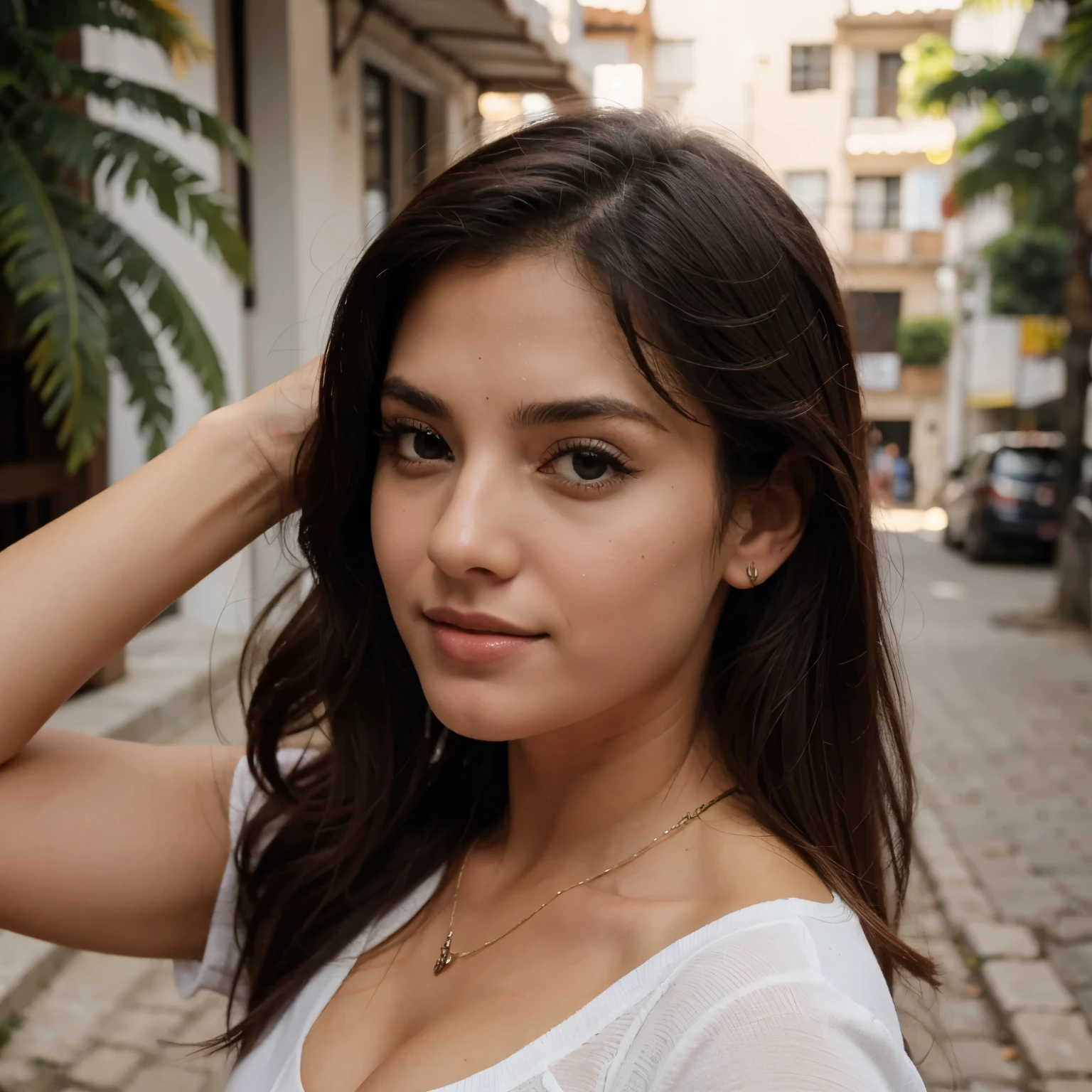 Araffe woman with long dark hair and white shirt posing for a picture -  SeaArt AI