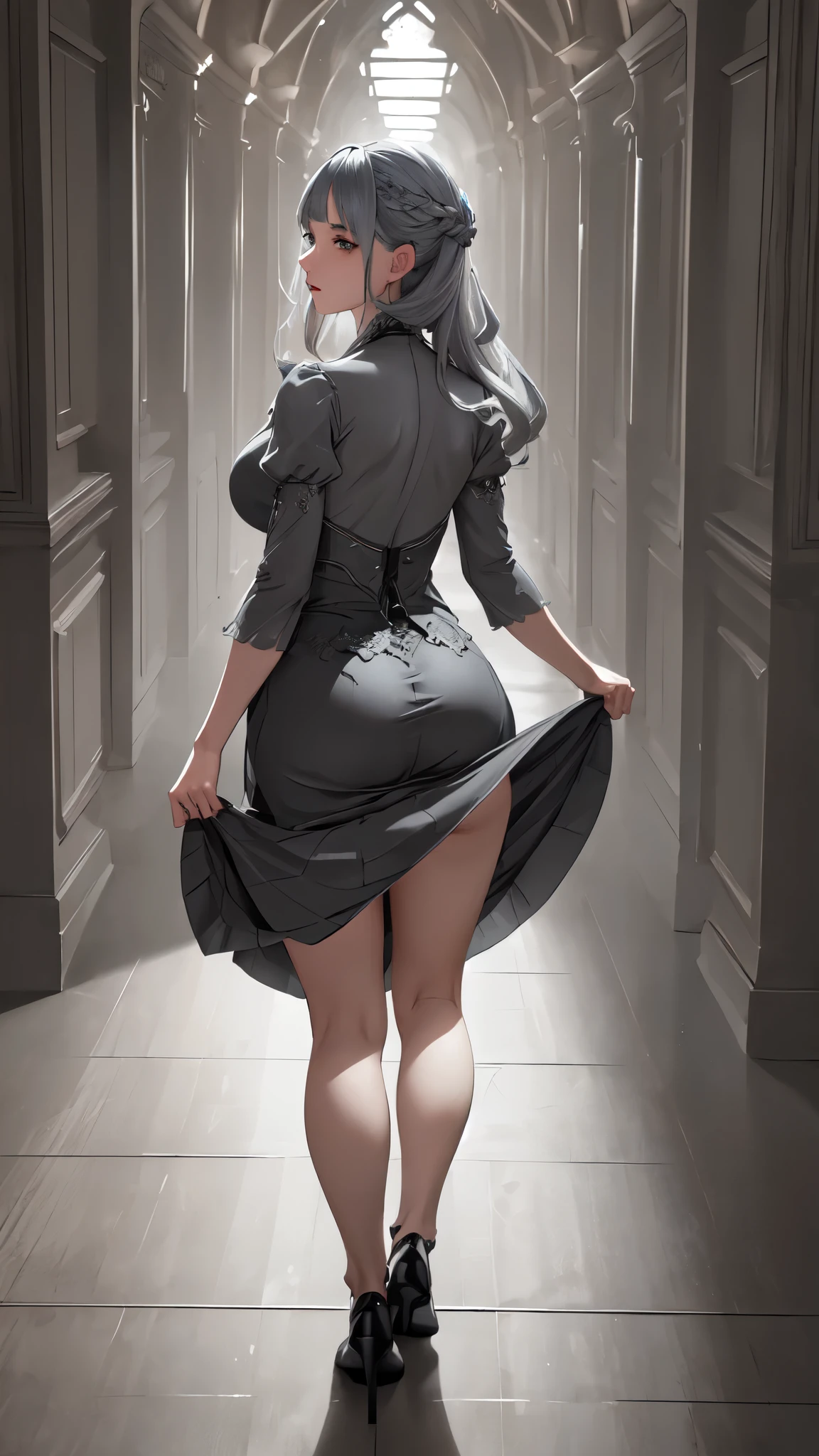 (best quality,8k,masterpiece:1.2),extremely detailed,1girl, grey two-tone hair,dress,long skirt,beautiful detailed face,elaborate,dramatic lighting,4k,detailed background,caustics,portraits,full body shot,looking at the viewer, rear view