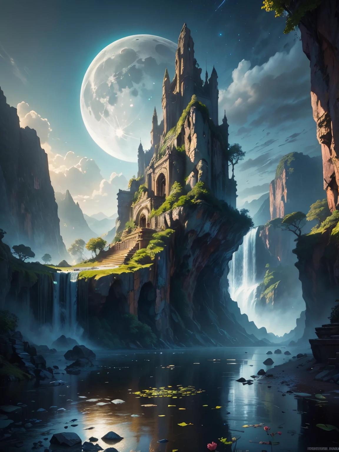 there is a large waterfall in the middle of a mountain, ancient city, epic matte painting of an island, the lost city of atlantis, an aztec city in a island lake, ancient city landscape, lost city of atlantis, marc simonetti. intricate, beautiful concept art, stunning concept art, highly realistic concept art, art style of marc simonetti, (((masterpiece))), best quality, high quality, extremely detailed CG unity 8k wallpaper, scenery, outdoors, sky, cloud, no people, mountain, landscape, water, tree, blue sky, waterfall, cliff, nature, lake, river, cloudy sky,award winning photography, Bokeh, Depth of Field, HDR, bloom, Chromatic Aberration ,Photorealistic,extremely detailed, trending on artstation, trending on CGsociety, Intricate, High Detail, dramatic, art by midjourney, tall waterfall, painting of a river with rocks and trees in the foreground, near a river, landscape, jungle, waterfall, crystal clear water, night light,((full moon)), colorful, river with rocks, rock bridge, epic, fantasy, ((roses and flowers on the banks of the pond)), ((oil painting)), moon landscape reflected in river, ((rock bridge))