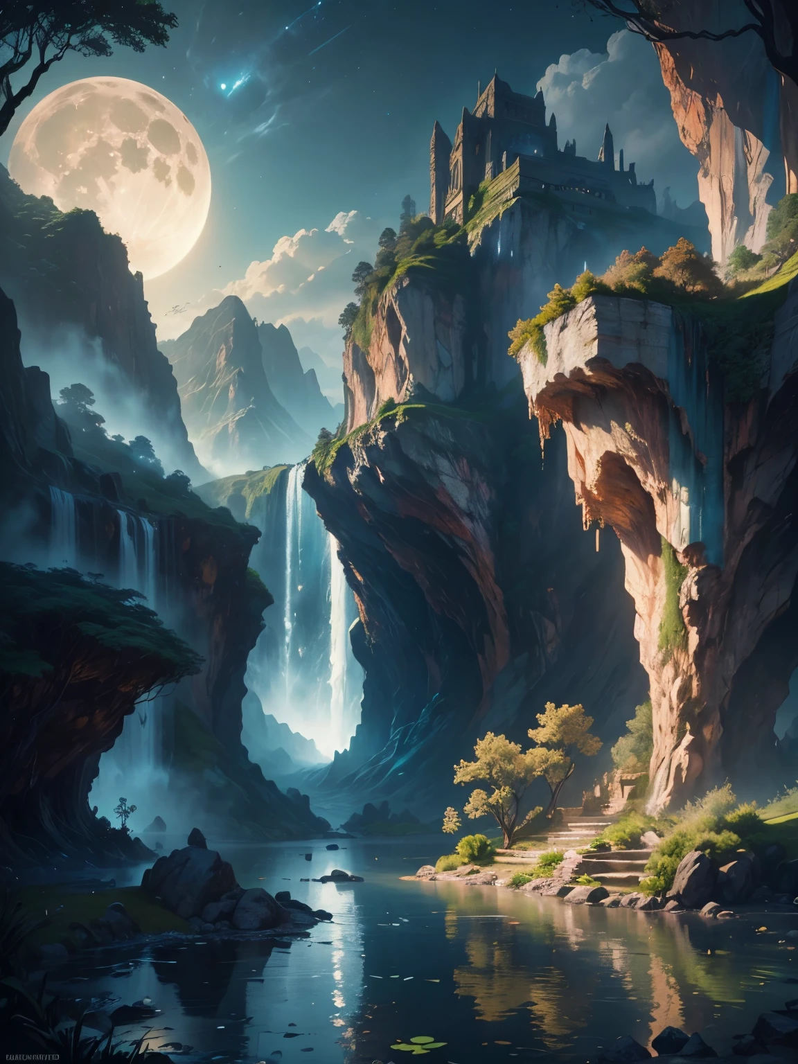 there is a large aguafall in the middle of a montaña, ciudad antigua, épico matte painting of an island, the ciudad perdida de la atlántida, an aztec city in a island lago, ciudad antigua paisaje, ciudad perdida de la atlántida, marc simonetti. Intrincado, Hermoso arte conceptual, impresionante arte conceptual, arte conceptual muy realista, estilo artístico de marc simonetti, (((obra maestra))), mejor calidad, alta calidad, extremadamente detallado CG unity 8k wallpaper, escenario, Al aire libre, cielo, nube, Nadie, montaña, paisaje, agua, árbol, blue cielo, aguafall, acantilado, naturaleza, lago, río, nubey cielo,fotografía premiada, bokeh, profundidad de campo, hdr, floración, aberración cromática ,Fotorrealista,extremadamente detallado, tendencia en artstation, tendencia en CGSociety, Intrincado, Alto detalle, dramático, arte a mitad del viaje, tall aguafall, painting of a río with rocks and árbols in the foreground, near a río, paisaje, selva, aguafall, crystal clear agua, Luz de noche,((Luna llena)), Vistoso, río with rocks, puente de roca, épico, fantasía, ((rosas y flores a orillas del estanque)), ((pintura al óleo)), moon paisaje reflected in río, ((puente de roca))