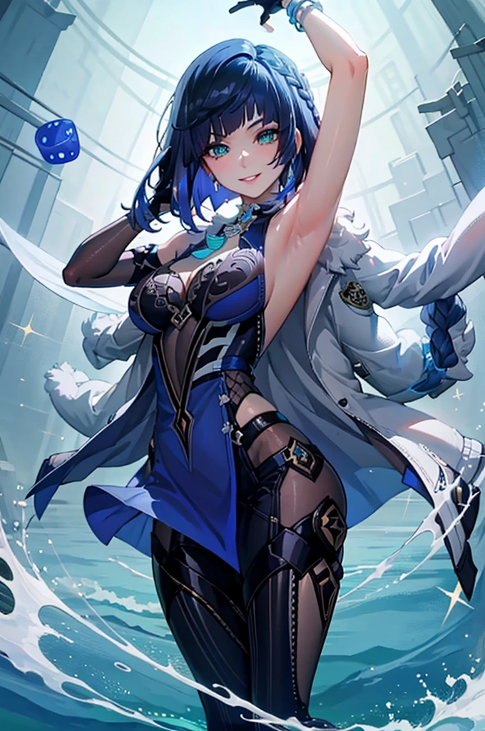 (masterpiece), (highres), yelan, 1girl, solo, looking at viewer, smile, short hair, large breasts, black hair, gloves, dress, jewelry, medium breasts, green eyes, blue hair, jacket, braid, parted lips, sleeveless, elbow gloves, armpits, mole, grin, arm up, sparkle, blue dress, bob cut, white jacket, vision (genshin impact), dice, diagonal bangs, seductive, skin tight outfit, butt, realistic, best quality, ultra detail, ultra high res, extreme detail, 8k, uhd