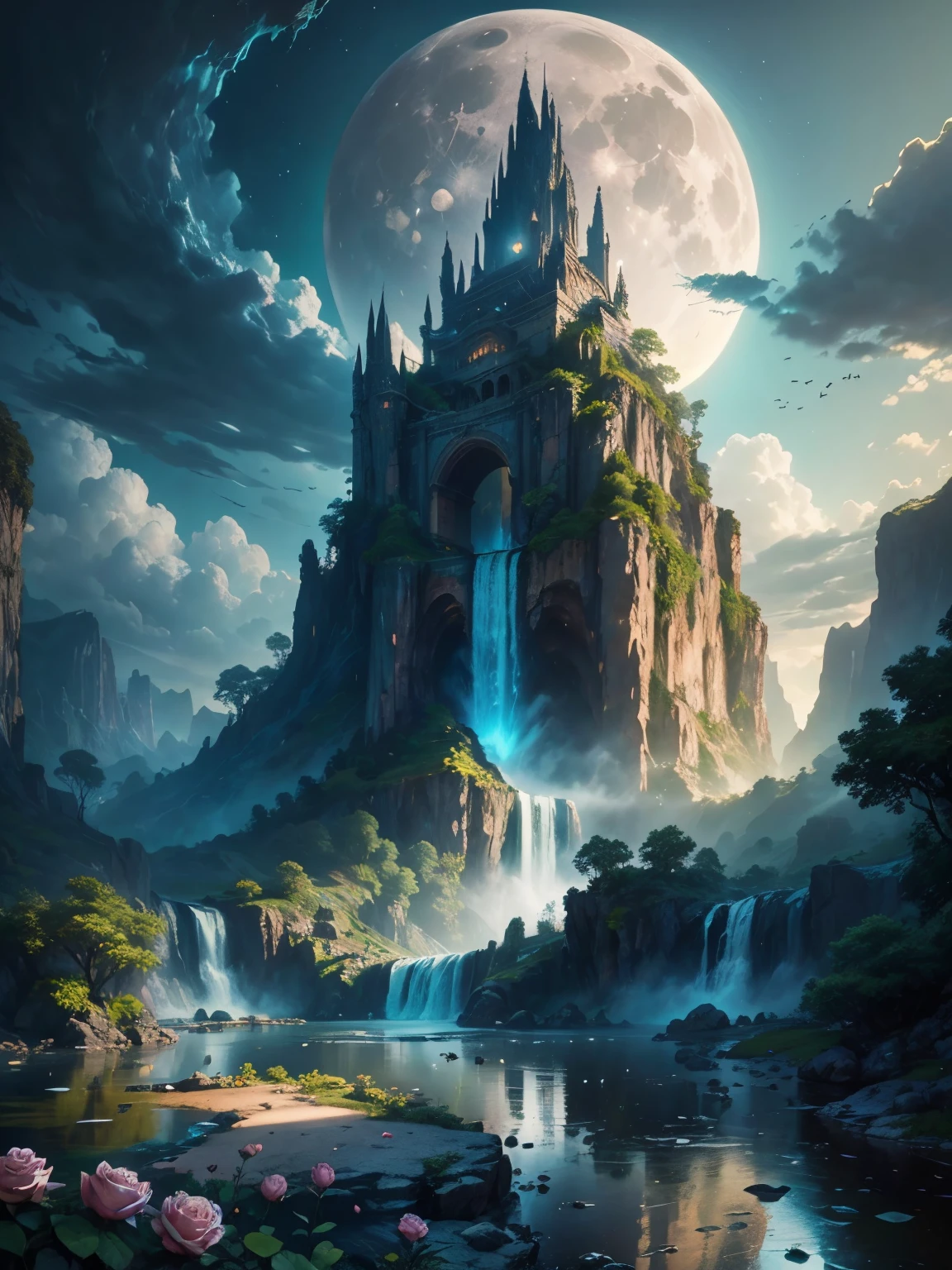 there is a large waterfall in the middle of a mountain, ancient city, epic matte painting of an island, the lost city of atlantis, an aztec city in a island lake, ancient city landscape, lost city of atlantis, marc simonetti. intricate, beautiful concept art, stunning concept art, highly realistic concept art, art style of marc simonetti, (((masterpiece))), best quality, high quality, extremely detailed CG unity 8k wallpaper, scenery, outdoors, sky, cloud, no people, mountain, landscape, water, tree, blue sky, waterfall, cliff, nature, lake, river, cloudy sky,award winning photography, Bokeh, Depth of Field, HDR, bloom, Chromatic Aberration ,Photorealistic,extremely detailed, trending on artstation, trending on CGsociety, Intricate, High Detail, dramatic, art by midjourney, tall waterfall, painting of a river with rocks and trees in the foreground, near a river, landscape, jungle, waterfall, crystal clear water, night light,((full moon)), colorful, river with rocks, rock bridge, epic, fantasy, ((roses and flowers on the banks of the pond)), ((oil painting)), moon landscape reflected in river, ((rock bridge))