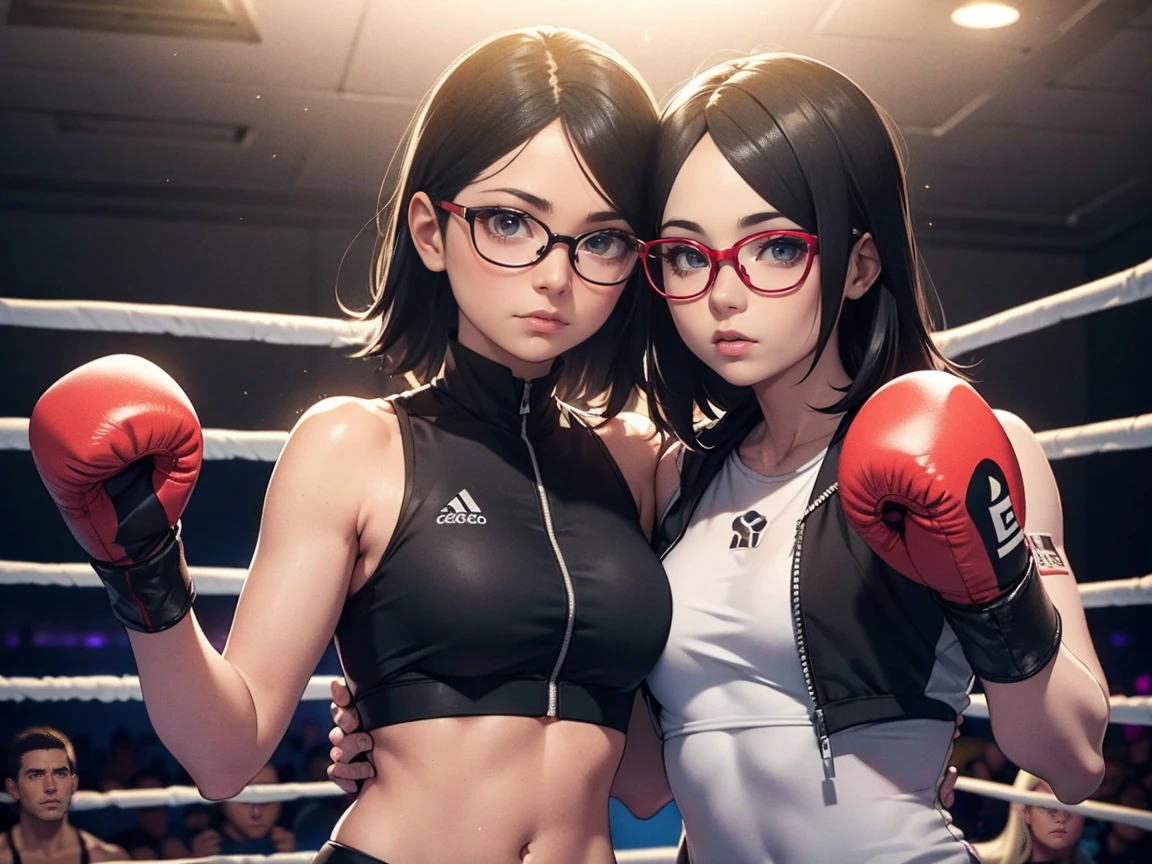 (Original) , (very detailed wallpaper) , (best qualityer) , (work of art) ,posture of fight, artistic dedication, very detailed illustrations, (1 girl) , gorgeous eyes, (精致的面容) , perfect  detail, (better lighting) , (super-complex details) , ((Sarada Uchiha,wearing glasses, shorth hair)) , (aggressive punch) , sweat, Heavy breathing, (oppressive attack) , (boxing ring) , athletic shorts, perfect  detail, perfect toes, perfect limbs, impact, (shining skin) , abdomen, fitness, waist,Boxing shorts, fistfight, Bblack hair, shorth hair, Bblack hair curto, 4K unified, (super detailed CG: 1.2) , (8k: 1.2) , realisitic, Octane rendering