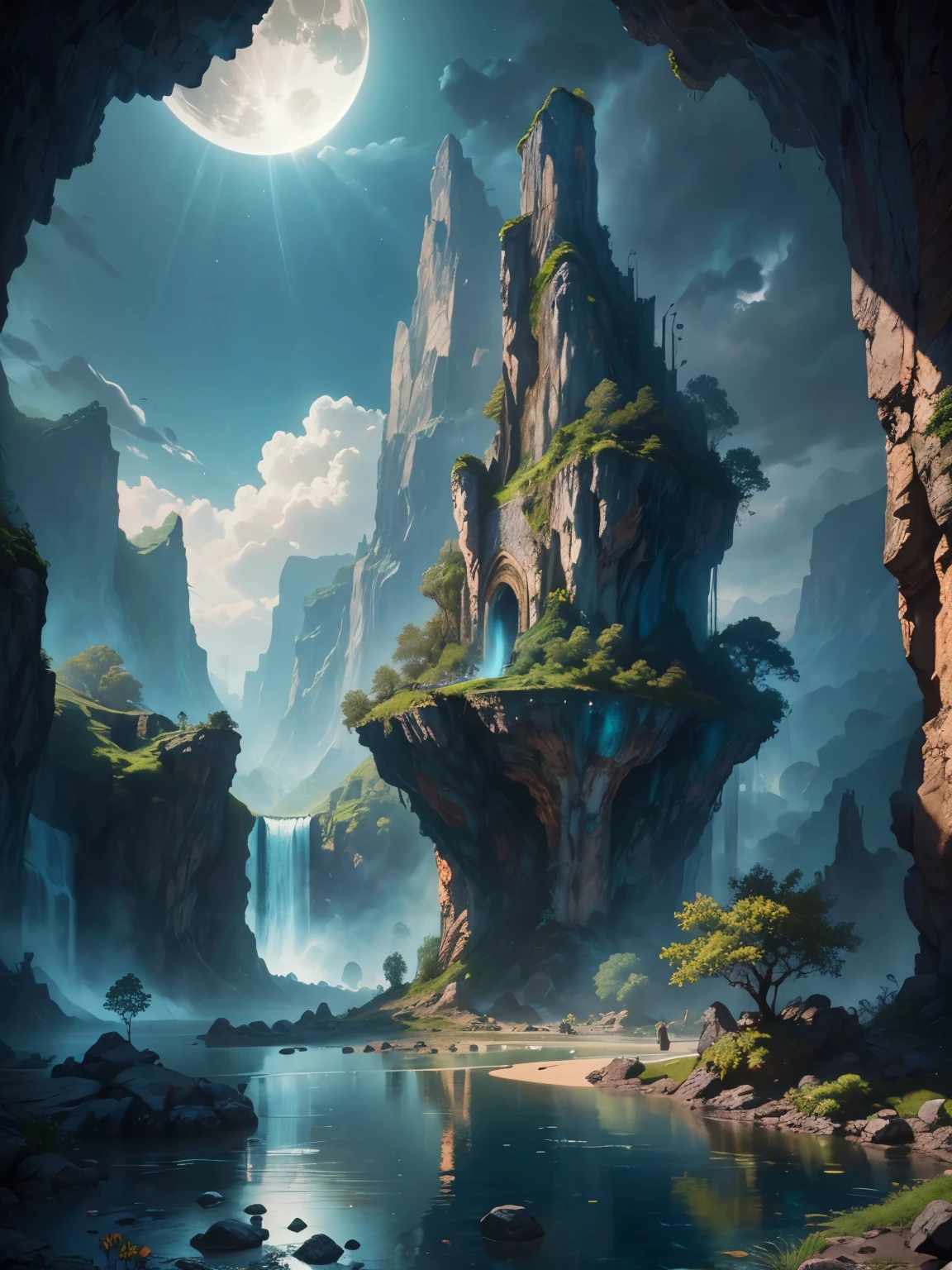 there is a large waterfall in the middle of a mountain, ancient city, epic matte painting of an island, the lost city of atlantis, an aztec city in a island lake, ancient city landscape, lost city of atlantis, marc simonetti. intricate, beautiful concept art, stunning concept art, highly realistic concept art, art style of marc simonetti, (((masterpiece))), best quality, high quality, extremely detailed CG unity 8k wallpaper, scenery, outdoors, sky, cloud, no people, mountain, landscape, water, tree, blue sky, waterfall, cliff, nature, lake, river, cloudy sky,award winning photography, Bokeh, Depth of Field, HDR, bloom, Chromatic Aberration ,Photorealistic,extremely detailed, trending on artstation, trending on CGsociety, Intricate, High Detail, dramatic, art by midjourney, tall waterfall, painting of a river with rocks and trees in the foreground, near a river, landscape, jungle, waterfall, crystal clear water, night light,((full moon)), colorful, river with rocks, rock bridge, epic, fantasy, ((roses and flowers on the banks of the pond)), ((oil painting)), moon landscape reflected in river, ((rock bridge))