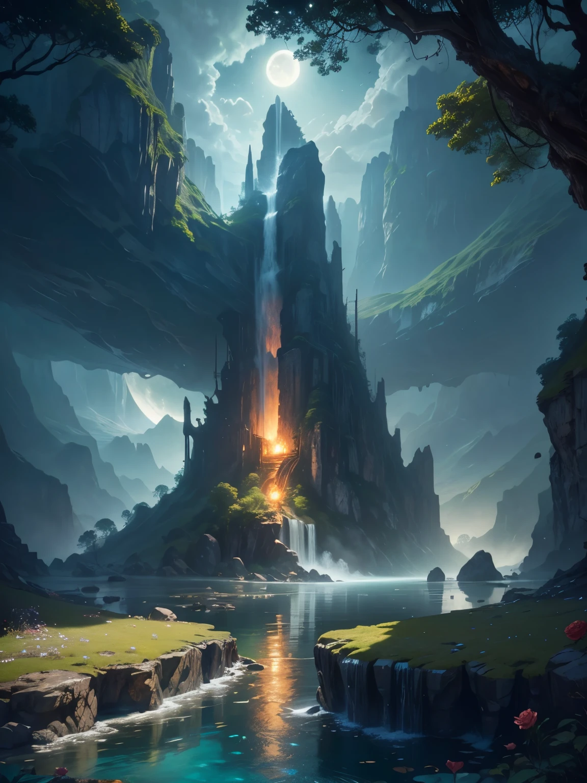 there is a large eaufall in the middle of a montagne, ville antique, épique matte painting of an island, the cité perdue de l&#39;Atlantide, an aztec city in a island Lac, ville antique paysage, cité perdue de l&#39;Atlantide, marc simonetti. complexe, magnifique art conceptuel, art conceptuel époustouflant, Art conceptuel très réaliste, style artistique de Marc Simonetti, (((chef-d&#39;œuvre))), Meilleure qualité, Haute qualité, extrêmement détaillé CG unity 8k wallpaper, paysage, En plein air, Ciel, nuage, personne, montagne, paysage, eau, arbre, blue Ciel, eaufall, falaise, nature, Lac, rivière, nuagey Ciel,photographie primée, bokeh, profondeur de champ, HDR, floraison, aberration chromatique ,Photoréaliste,extrêmement détaillé, tendance sur artstation, tendance sur CGSociety, complexe, Détails élevés, Spectaculaire, art à mi-parcours, tall eaufall, painting of a rivière with rocks and arbres in the foreground, near a rivière, paysage, jungle, eaufall, crystal clear eau, veilleuse,((pleine lune)), Coloré, rivière with rocks, pont rocheux, épique, fantaisie, ((roses et fleurs au bord de l&#39;étang)), ((peinture à l&#39;huile)), moon paysage reflected in rivière, ((pont rocheux))