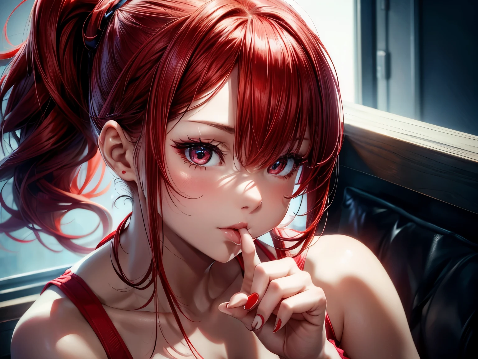 girl, ponytail, red hair, in summer  clothing, erotically sitting, parted lips, one of finger in mouth,illustration,ultra-detailed,highres,realistic,vivid colors,soft lighting