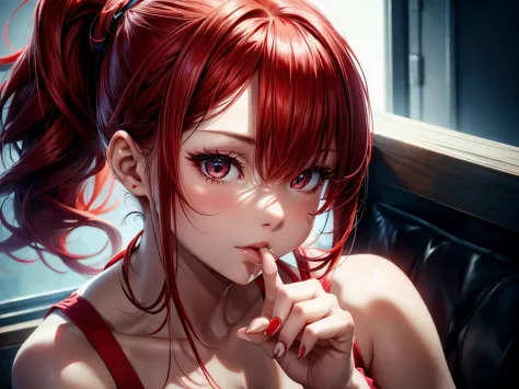 girl, ponytail, red hair, in summer  clothing, erotically sitting, parted lips, one of finger in mouth,illustration,ultra-detail...