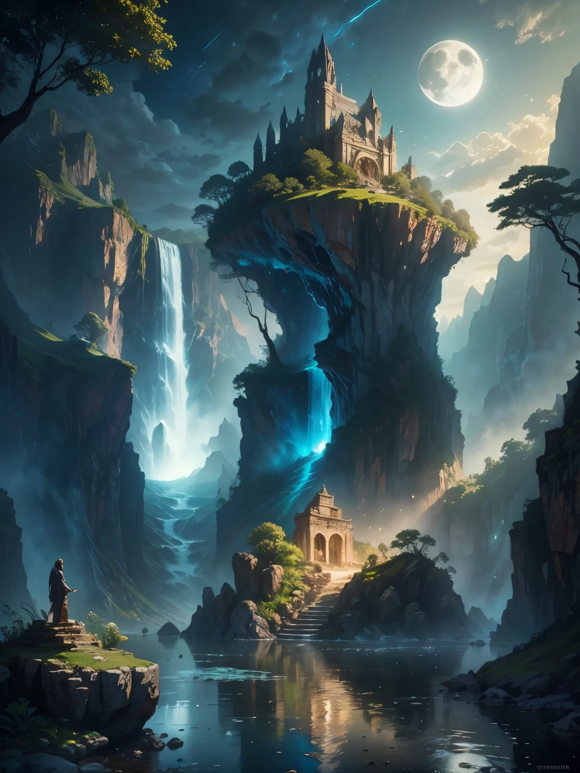 there is a large águafall in the middle of a Montanha, cidade antiga, épico matte painting of an island, the cidade perdida da atlântida, an aztec city in a island lago, cidade antiga paisagem, cidade perdida da atlântida, Marc Simonetti. Intrincado, Bela arte conceitual, arte conceitual impressionante, arte conceitual altamente realista, art style of Marc Simonetti, (((obra de arte))), melhor qualidade, alta qualidade, extremamente detalhado CG unity 8k wallpaper, cenário, ao ar livre, céu, Nuvem, ninguém, Montanha, paisagem, água, árvore, blue céu, águafall, penhasco, Natureza, lago, rio, Nuvemy céu,fotografia premiada, Bokeh, profundidade de campo, HDR, Florescer, aberração cromática ,fotorrealista,extremamente detalhado, tendências no artstation, tendências na CGSociety, Intrincado, alto detalhe, dramático, arte no meio da jornada, tall águafall, painting of a rio with rocks and árvores in the foreground, near a rio, paisagem, selva, águafall, crystal clear água, luz noturna,((lua cheia)), colorida, rio with rocks, ponte de pedra, épico, fantasia, ((rosas e flores nas margens da lagoa)), ((pintura a óleo)), moon paisagem reflected in rio, ((ponte de pedra))