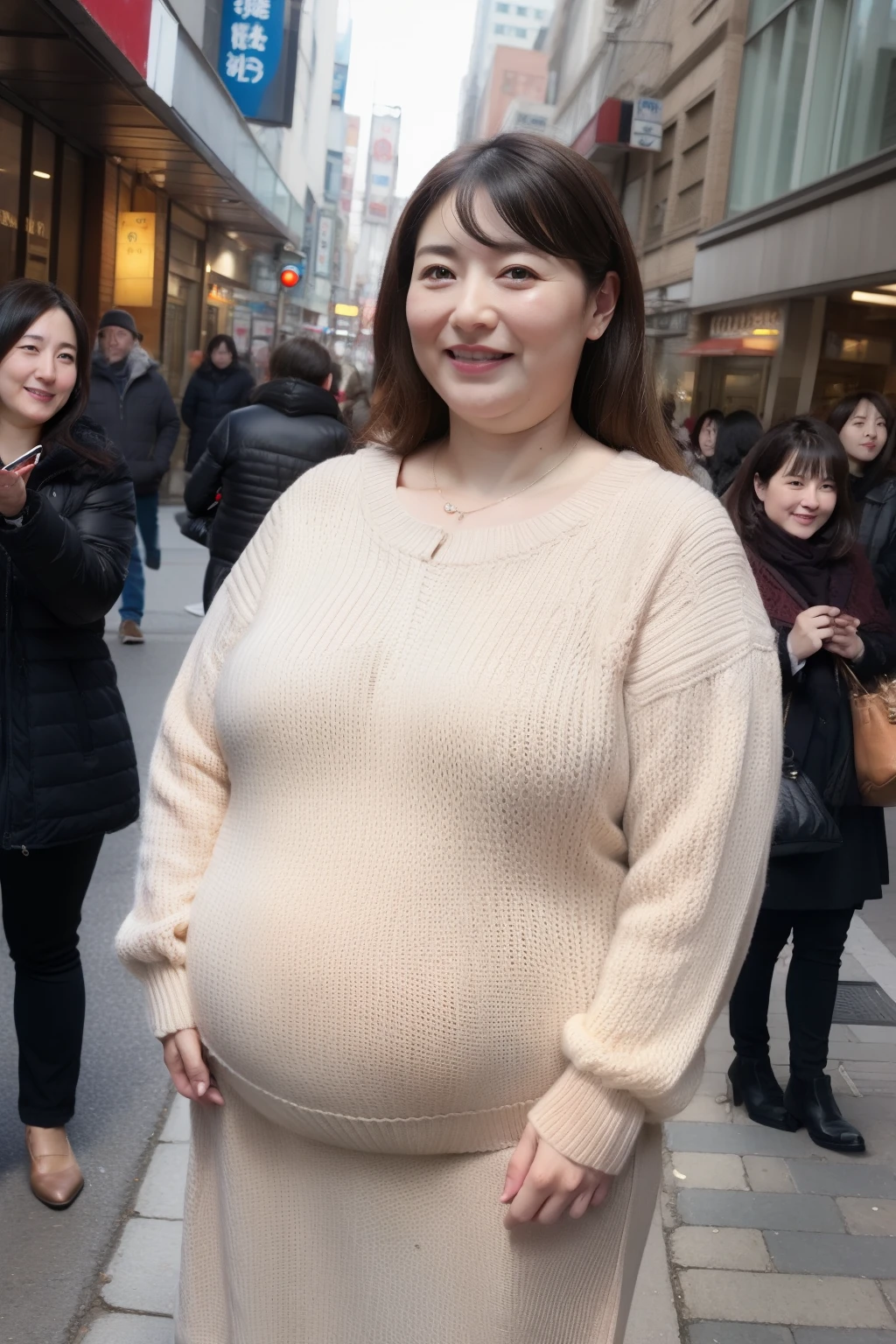 Pregnant woman in a beige sweater and black pants standing on a city street  - SeaArt AI