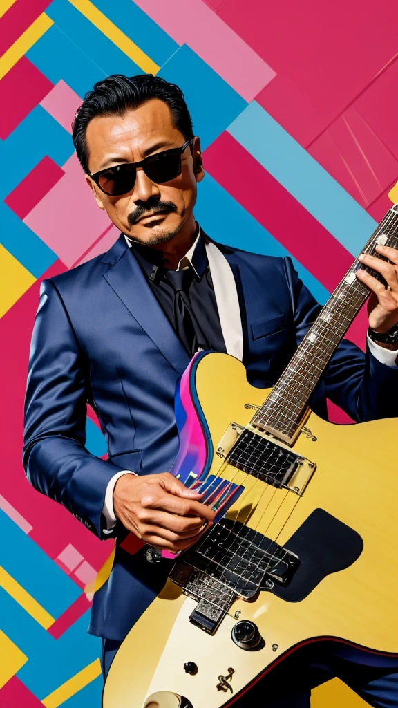 50 years old，Hidetoshi Nakata ，（Kogoro Mouri 1.3), tong, mustache，little beard, ray ban sunglasses, playing guitar, nice colourful pattern background, super detail, photography picture, wallpaper picture quality, masterpiece, high resolution, 4k hd, 8k hd, 16k hd