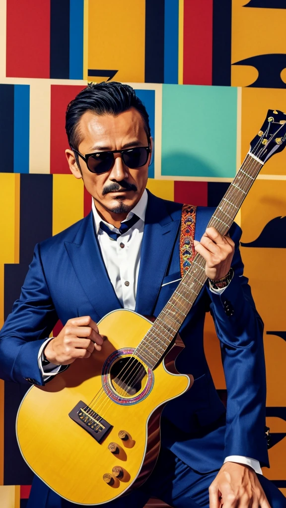 50 years old，Hidetoshi Nakata ，（Kogoro Mouri 1.3), tong, mustache，little beard, ray ban sunglasses, playing guitar, nice colourful pattern background, super detail, photography picture, wallpaper picture quality, masterpiece, high resolution, 4k hd, 8k hd, 16k hd