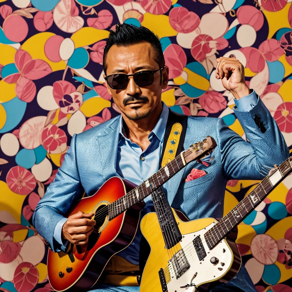 50 years old，Hidetoshi Nakata ，（Kogoro Mouri 1.3), tong, mustache，little beard, ray ban sunglasses, playing guitar, nice colourful pattern background, super detail, photography picture, wallpaper picture quality, masterpiece, high resolution, 4k hd, 8k hd, 16k hd