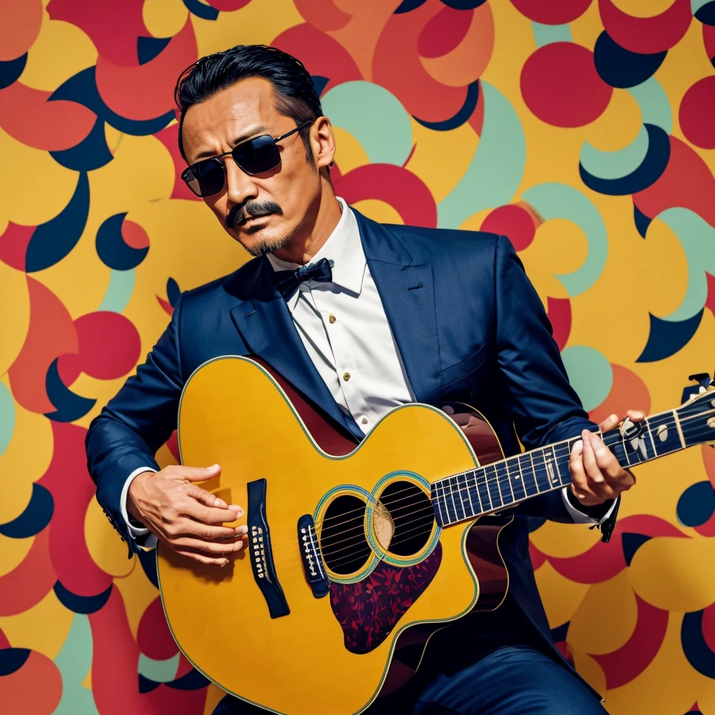 50 years old，Hidetoshi Nakata ，（Kogoro Mouri 1.3), tong, mustache，little beard, ray ban sunglasses, playing guitar, nice colourful pattern background, super detail, photography picture, wallpaper picture quality, masterpiece, high resolution, 4k hd, 8k hd, 16k hd