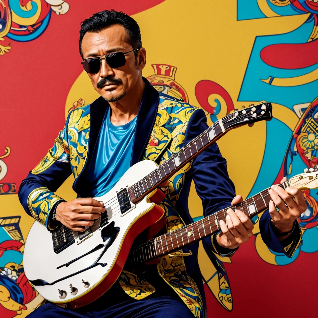 50 years old，Hidetoshi Nakata ，（Kogoro Mouri 1.3), tong, mustache，little beard, ray ban sunglasses, playing guitar, nice colourful pattern background, super detail, photography picture, wallpaper picture quality, masterpiece, high resolution, 4k hd, 8k hd, 16k hd