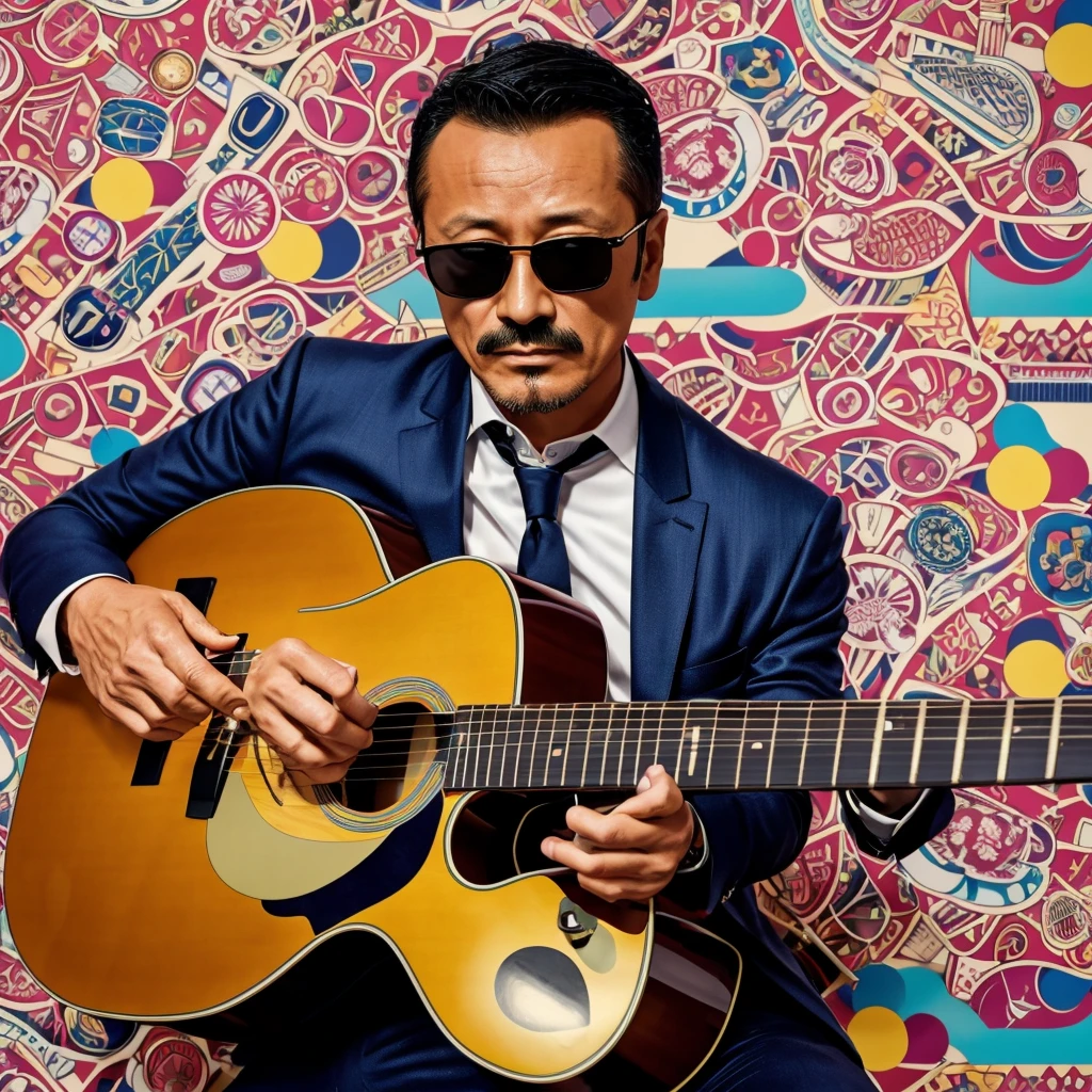 50 years old，Hidetoshi Nakata ，（Kogoro Mouri 1.3), tong, mustache，little beard, ray ban sunglasses, playing guitar, nice colourful pattern background, super detail, photography picture, wallpaper picture quality, masterpiece, high resolution, 4k hd, 8k hd, 16k hd