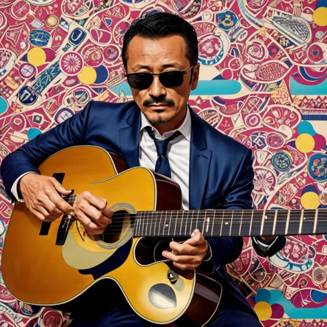 50 years old，Hidetoshi Nakata ，（Kogoro Mouri 1.3), tong, mustache，little beard, ray ban sunglasses, playing guitar, nice colourf...