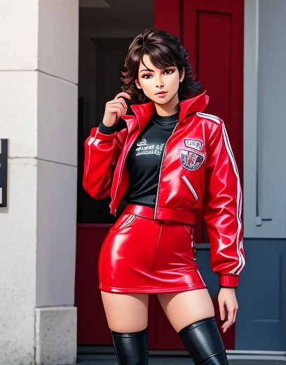 teenager . good body. Dressed in a skirt and boots. Red top and sexy rocker leather jacket.