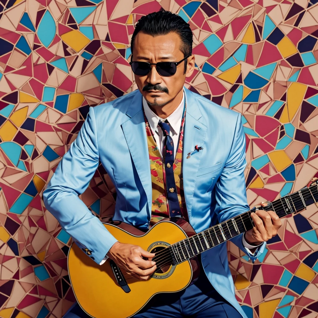 50 years old，Hidetoshi Nakata ，（Kogoro Mouri 1.3), tong, mustache，little beard, ray ban sunglasses, playing guitar, nice colourful pattern background, super detail, photography picture, wallpaper picture quality, masterpiece, high resolution, 4k hd, 8k hd, 16k hd, pleasemake guitar beautiful 