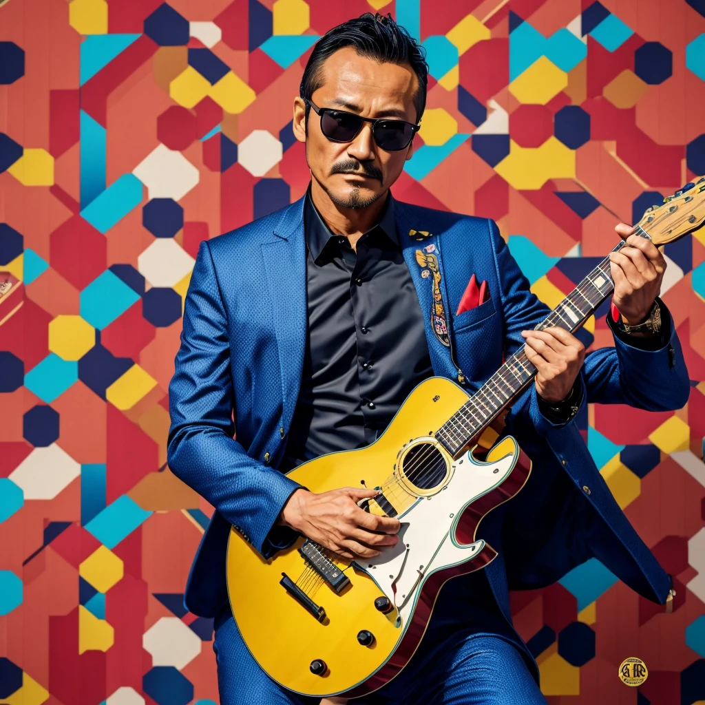 50 years old，Hidetoshi Nakata ，（Kogoro Mouri 1.3), tong, mustache，little beard, ray ban sunglasses, playing guitar, nice colourful pattern background, super detail, photography picture, wallpaper picture quality, masterpiece, high resolution, 4k hd, 8k hd, 16k hd, pleasemake guitar beautiful 