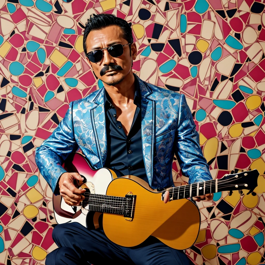 50 years old，Hidetoshi Nakata ，（Kogoro Mouri 1.3), tong, mustache，little beard, ray ban sunglasses, playing guitar, nice colourful pattern background, super detail, photography picture, wallpaper picture quality, masterpiece, high resolution, 4k hd, 8k hd, 16k hd, pleasemake guitar beautiful 