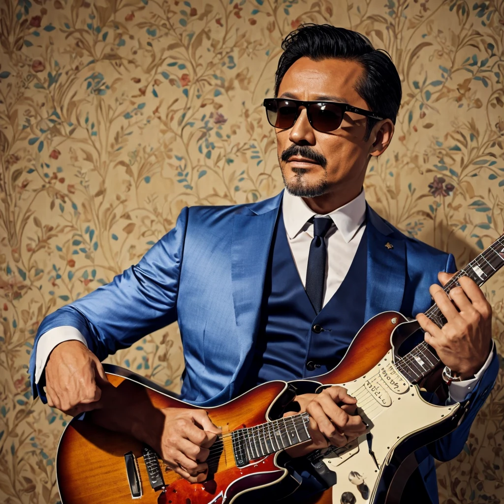 50 years old，Hidetoshi Nakata ，（Kogoro Mouri 1.3), tong, mustache，little beard, ray ban sunglasses, playing guitar, nice colourful pattern background, super detail, photography picture, wallpaper picture quality, masterpiece, high resolution, 4k hd, 8k hd, 16k hd, beautiful 