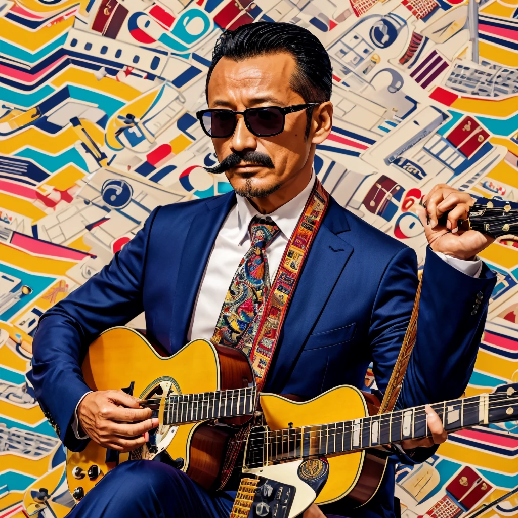 50 years old，Hidetoshi Nakata ，（Kogoro Mouri 1.3), tong, mustache，little beard, ray ban sunglasses, playing guitar, nice colourful pattern background, super detail, photography picture, wallpaper picture quality, masterpiece, high resolution, 4k hd, 8k hd, 16k hd