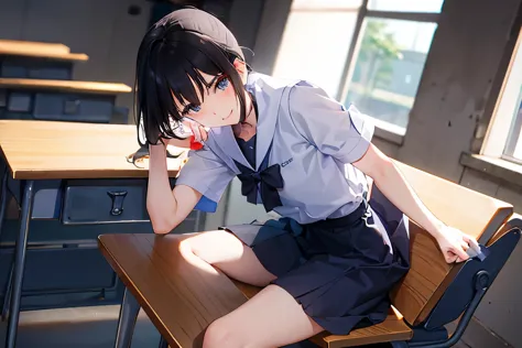 japan high school classroom,a female student is sitting on a chair and looking at me.,he wears a white uniform with a blue ribbo...