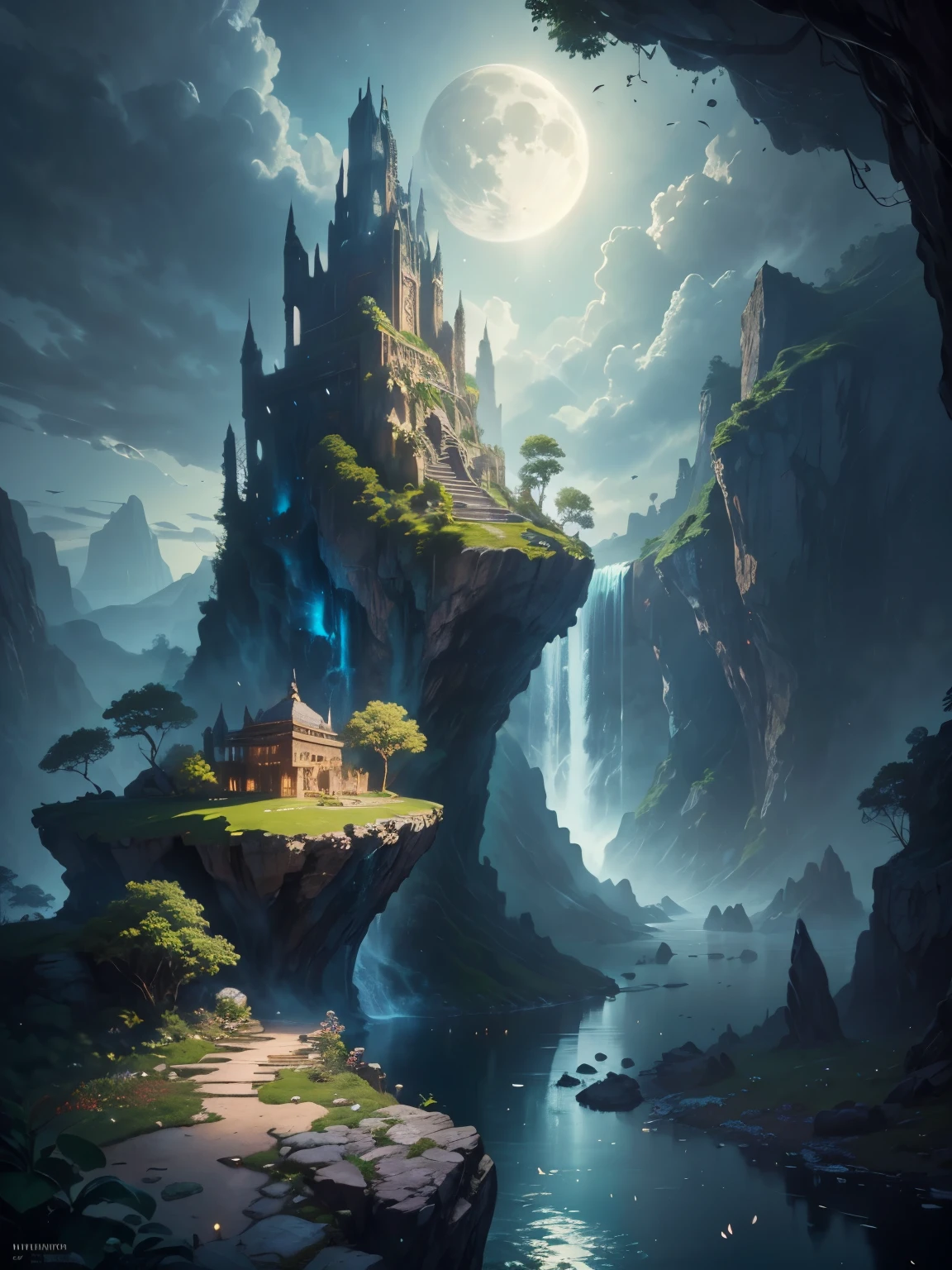 there is a large aguafall in the middle of a montaña, ciudad antigua, épico matte painting of an island, the ciudad perdida de la atlántida, an aztec city in a island lago, ciudad antigua paisaje, ciudad perdida de la atlántida, marc simonetti. Intrincado, Hermoso arte conceptual, impresionante arte conceptual, arte conceptual muy realista, estilo artístico de marc simonetti, (((obra maestra))), mejor calidad, alta calidad, extremadamente detallado CG unity 8k wallpaper, escenario, Al aire libre, cielo, nube, Nadie, montaña, paisaje, agua, árbol, blue cielo, aguafall, acantilado, naturaleza, lago, río, nubey cielo,fotografía premiada, bokeh, profundidad de campo, hdr, floración, aberración cromática ,Fotorrealista,extremadamente detallado, tendencia en artstation, tendencia en CGSociety, Intrincado, Alto detalle, dramático, arte a mitad del viaje, tall aguafall, painting of a río with rocks and árbols in the foreground, near a río, paisaje, selva, aguafall, crystal clear agua, Luz de noche,((Luna llena)), Vistoso, río with rocks, puente de roca, épico, fantasía, ((rosas y flores a orillas del estanque)), ((pintura al óleo)), moon paisaje reflected in río, ((puente de roca))