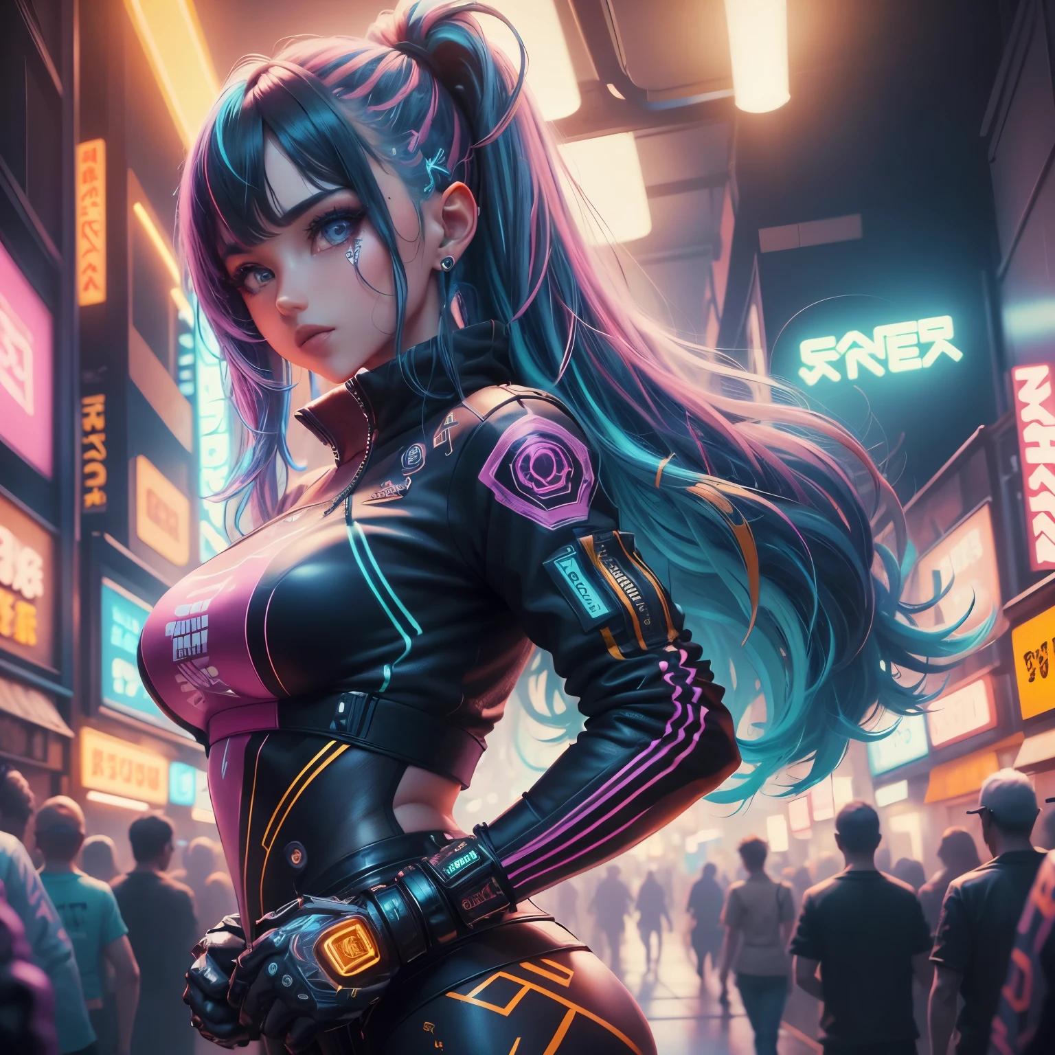 standing alone, 1 girl, , (multicolored hair:1.36),(multicolored clothes:1.36), cyberpunk 2077, analog style, Woman, (Neon lights in the city background:1.1), shiny colors, gazing at viewer, naughty ssmile, Symmetrical, centred, close up, Female One, athletic, adjusting, Cao Cao, skin tanned, europeu, minidress, excitado, ssmile, glow sticks, DISCOTHEQUE, golden outline, [(psychedelic paint colors color explosion:1.1)::0.125], iridescente, studio lights, shine light, shining skin, realisitic body proportions, realisitic, photo-realisitic, 8K, Cao Caoly detailed, LED Light, laser lights,fruit flavored, (shouted the :0.5), lustrous, sexly, 