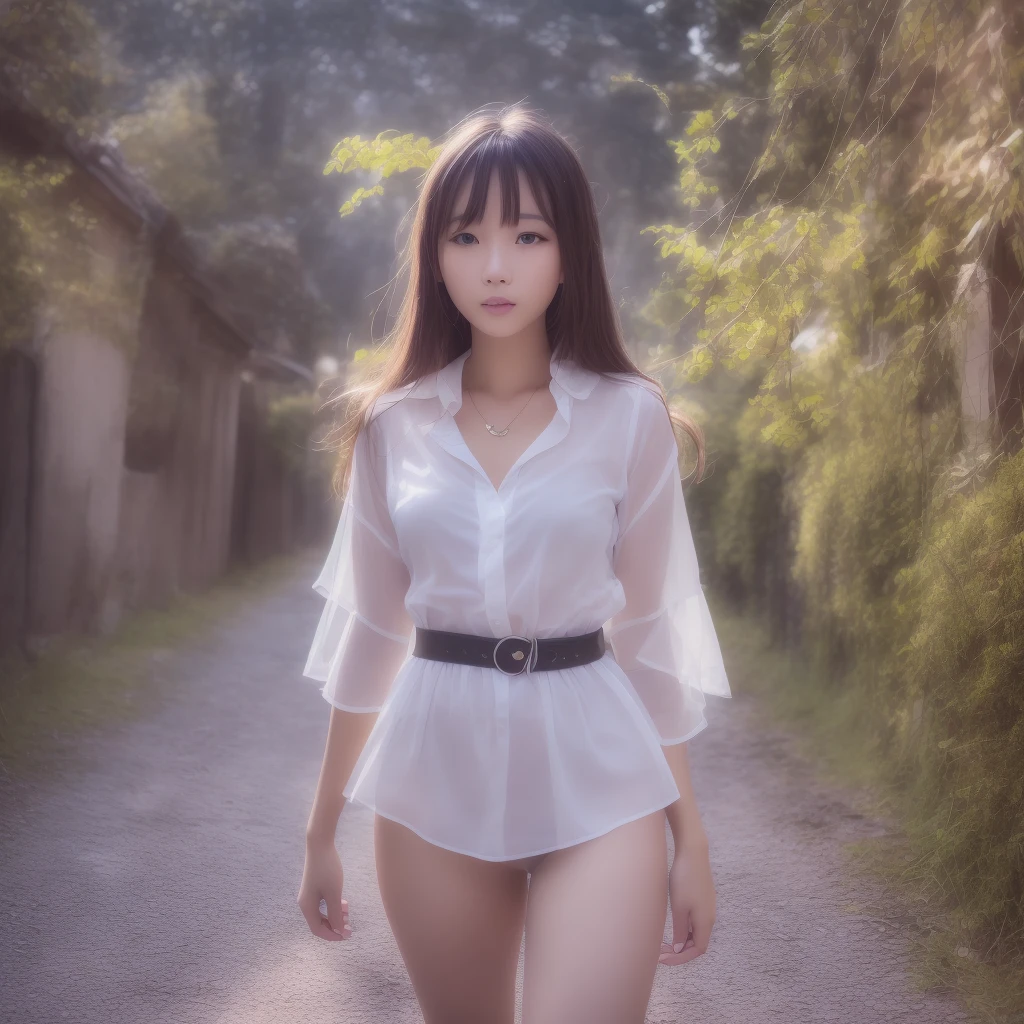 4k, June scenery, beautiful woman, long hair, brown hair, Medium bust, blue eyes, white shirt, Hot Pants, neon red heart necklace, look at viewer, nighttime, colorful hydrangeas,Thai woman, 24 years old,Traditional Thai costume,walking on the road,In the Thai countryside,sunlight