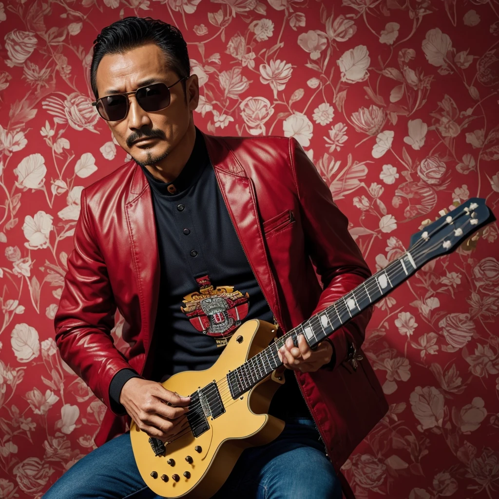 50 years old，Hidetoshi Nakata ，（Kogoro Mouri 1.3), tong, mustache，little beard,  ray ban glasses, red jacket, stylist, playing guitar, colourful pattern background, super detail, photography picture, wallpaper picture quality, masterpiece, high resolution, 4k hd, 8k hd, 16k hd