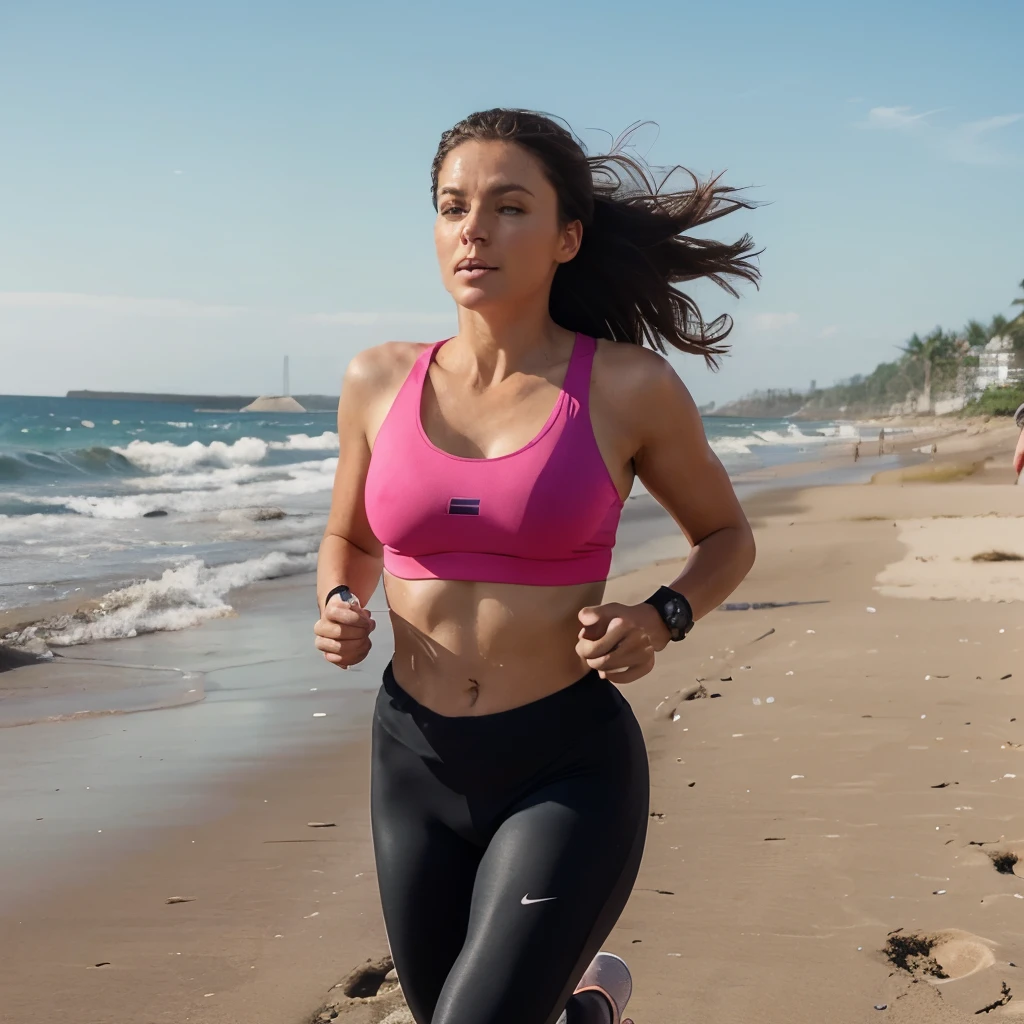 Woman running on the beach in a pink sports bra top - SeaArt AI