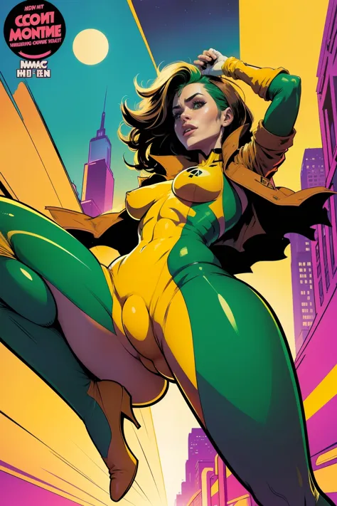 (((A comic style, cartoon art))). view from below. Rogue is in an destroyed New York City, She is wearing her signature Green and Yellow outfit and brown jacket, in funny pose. In her hands, she holds a glowing (((Hot Body, athletic body, sexy, Camel Toes)...