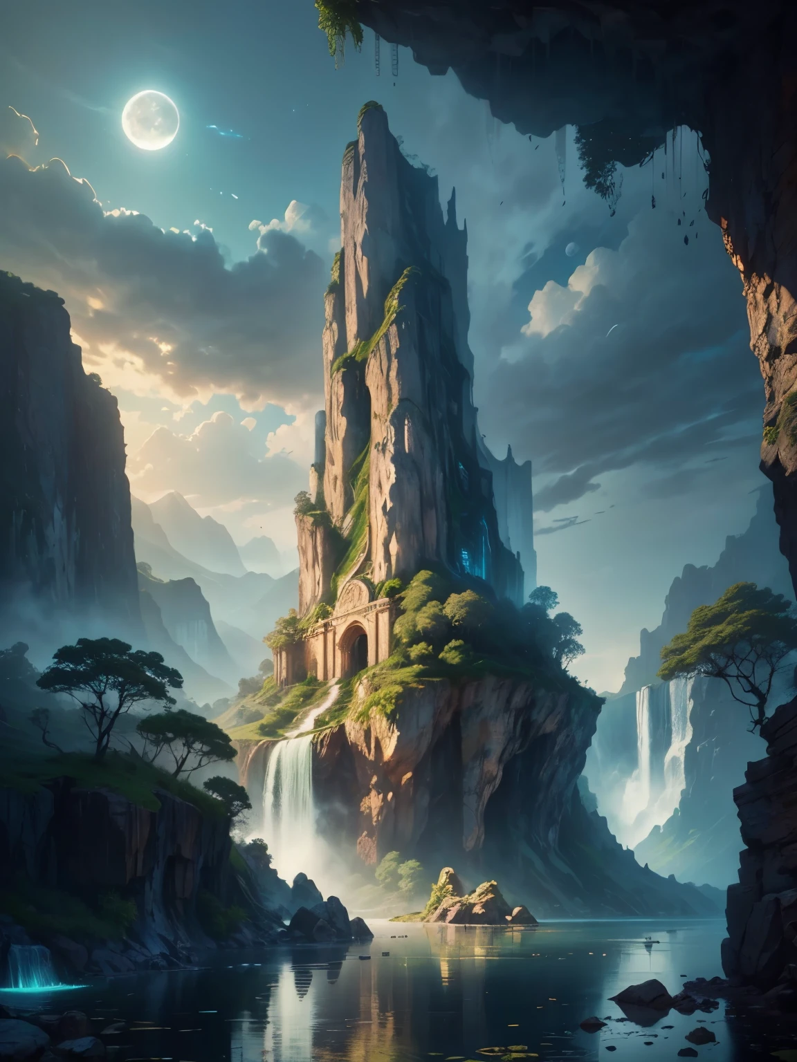 there is a large waterfall in the middle of a mountain, ancient city, epic matte painting of an island, the lost city of atlantis, an aztec city in a island lake, ancient city landscape, lost city of atlantis, marc simonetti. intricate, beautiful concept art, stunning concept art, highly realistic concept art, art style of marc simonetti, (((masterpiece))), best quality, high quality, extremely detailed CG unity 8k wallpaper, scenery, outdoors, sky, cloud, no people, mountain, landscape, water, tree, blue sky, waterfall, cliff, nature, lake, river, cloudy sky,award winning photography, Bokeh, Depth of Field, HDR, bloom, Chromatic Aberration ,Photorealistic,extremely detailed, trending on artstation, trending on CGsociety, Intricate, High Detail, dramatic, art by midjourney, tall waterfall, painting of a river with rocks and trees in the foreground, near a river, landscape, jungle, waterfall, crystal clear water, night light,((full moon)), colorful, river with rocks, rock bridge, epic, fantasy, ((roses and flowers on the banks of the pond)), ((oil painting)), moon landscape reflected in river, ((rock bridge))