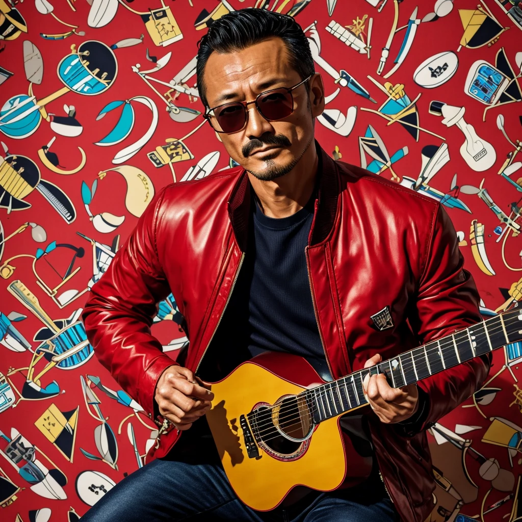 50 years old，Hidetoshi Nakata ，（Kogoro Mouri 1.3), tong, mustache，little beard,  ray ban glasses, red jacket, stylist, playing guitar, colourful pattern background, super detail, photography picture, wallpaper picture quality, masterpiece, high resolution, 4k hd, 8k hd, 16k hd