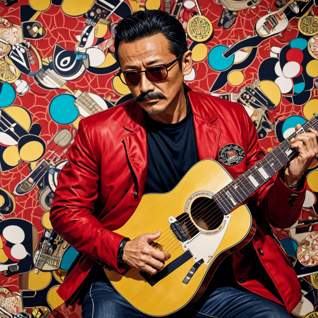 50 years old，Hidetoshi Nakata ，（Kogoro Mouri 1.3), tong, mustache，little beard,  ray ban glasses, red jacket, stylist, playing guitar, colourful pattern background, super detail, photography picture, wallpaper picture quality, masterpiece, high resolution, 4k hd, 8k hd, 16k hd