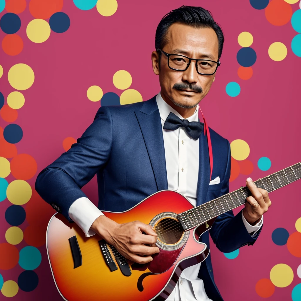 50 years old，Hidetoshi Nakata ，（Kogoro Mouri 1.3), tong, mustache，little beard,  ray ban glasses, playing guitar,nice colourful symmetric pattern background, super detail, photography picture, wallpaper picture quality, masterpiece, high resolution, 4k hd, 8k hd, 16k hd