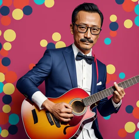 50 years old，Hidetoshi Nakata ，（Kogoro Mouri 1.3), tong, mustache，little beard,  ray ban glasses, playing guitar,nice colourful ...
