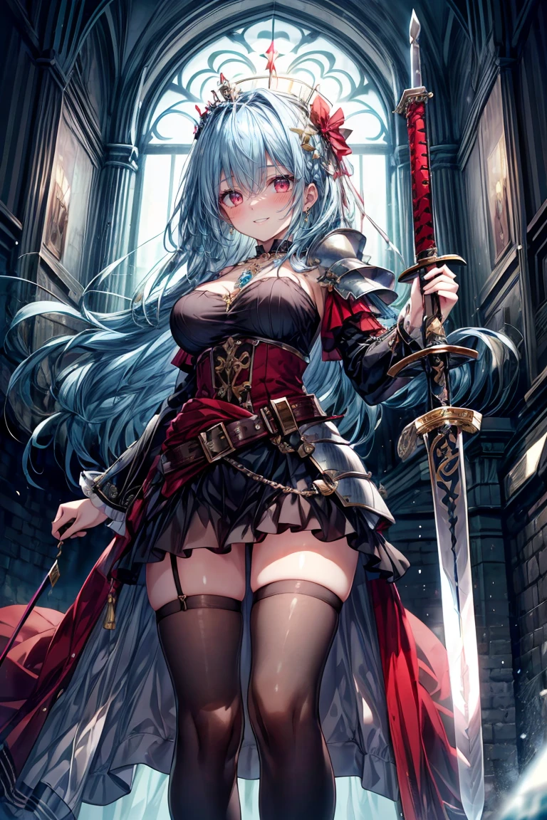 ((8K masterpiece,highest quality)), ultra high resolution, hyper detail, (1 girl), beautiful face, beautiful and delicate eyes,((red eyes)),Big eyes,shining eyes of light,Thin and long eyelashes,detailed light,((blue hair)),((long hair)),((straight hair)),big breasts,(very large thighs),thin waist,blush,(grinning smile),troubled face,(please open your mouth wide),(royal swordsman),(((Hold Sword))),silver holy armor,sacred belt around the waist,sapphire crown,gold necklace,sapphire earrings,silver hair ornament,white knee socks,scattered treasures,ambition,(royal family of darkness),(Inside the castle),action pose,motion blur,Depth of written boundary,spectacular panoramic view,angle from below
