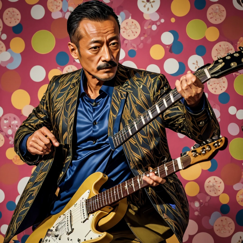 50 years old，Hidetoshi Nakata ，（Kogoro Mouri 1.3), tong, mustache，little beard, olive jacket, playing guitar,nice colourful symmetric pattern background, super detail, photography picture, wallpaper picture quality, masterpiece, high resolution, 4k hd, 8k hd, 16k hd