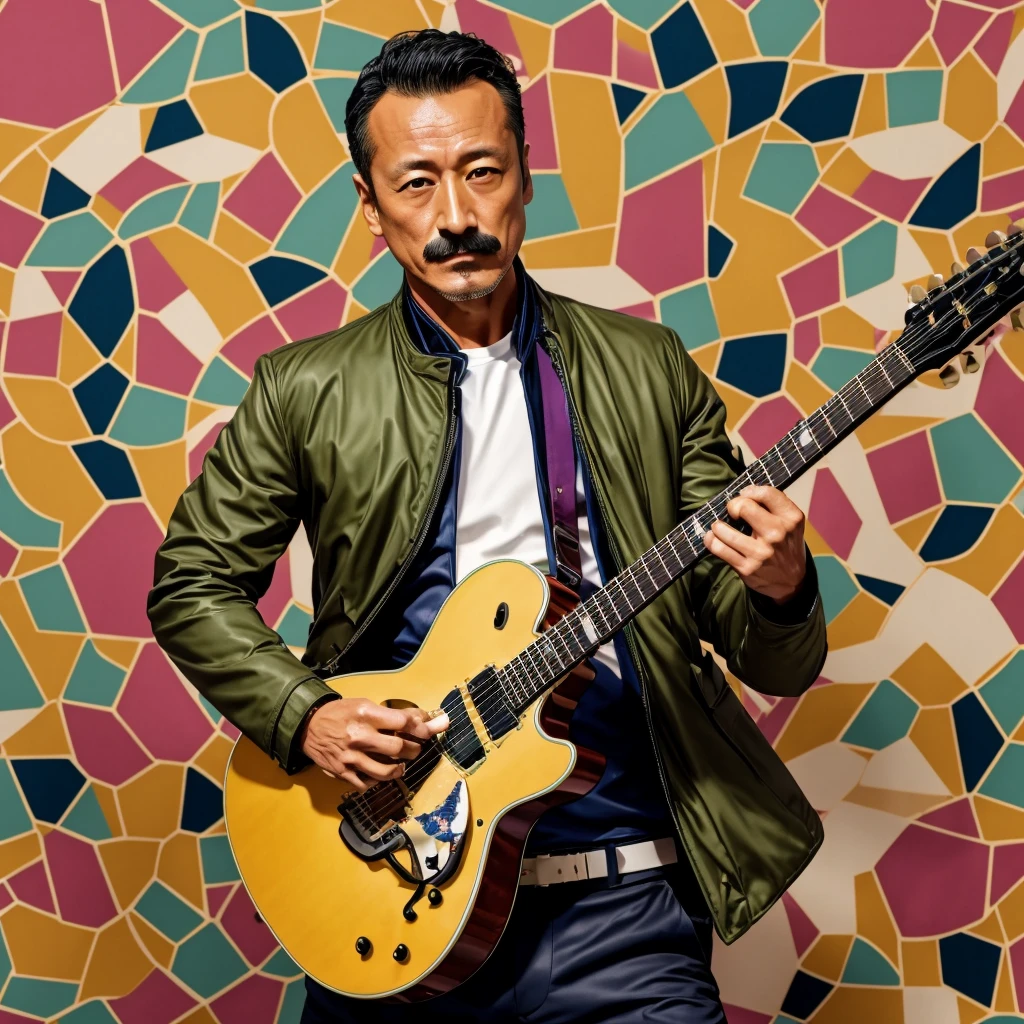 50 years old，Hidetoshi Nakata ，（Kogoro Mouri 1.3), tong, mustache，little beard, olive jacket, playing guitar,nice colourful symmetric pattern background, super detail, photography picture, wallpaper picture quality, masterpiece, high resolution, 4k hd, 8k hd, 16k hd