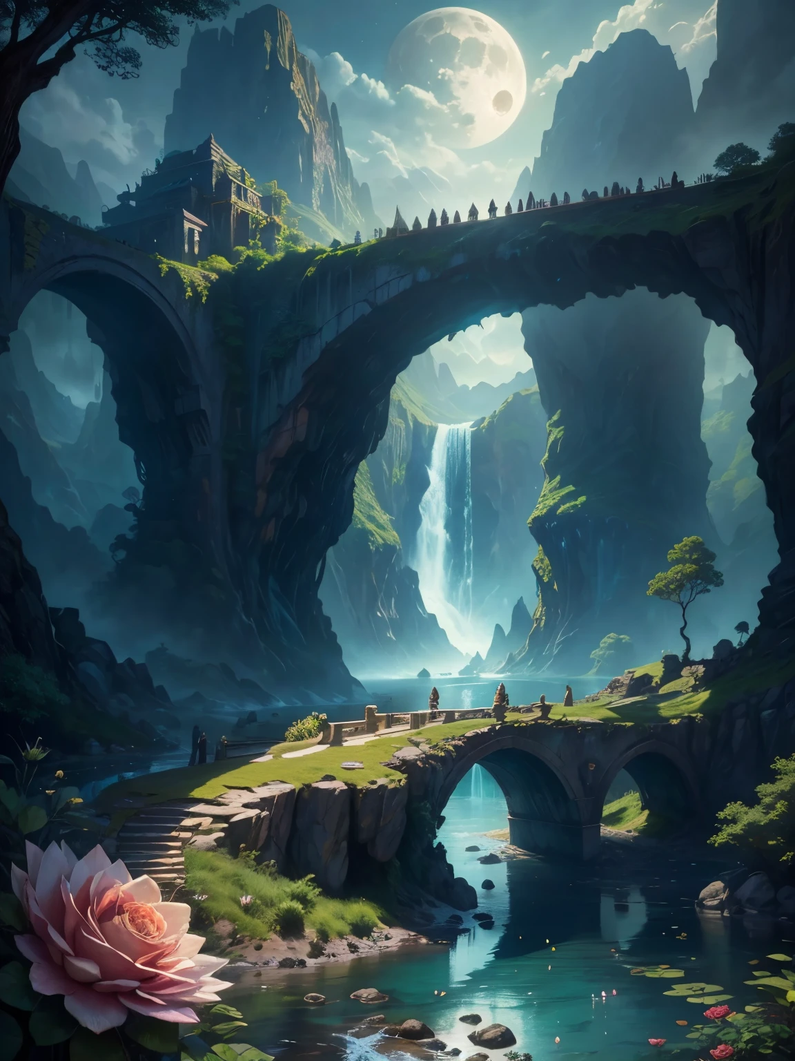 there is a large waterfall in the middle of a mountain, ancient city, epic matte painting of an island, the lost city of atlantis, an aztec city in a island lake, ancient city landscape, lost city of atlantis, marc simonetti. intricate, beautiful concept art, stunning concept art, highly realistic concept art, art style of marc simonetti, (((masterpiece))), best quality, high quality, extremely detailed CG unity 8k wallpaper, scenery, outdoors, sky, cloud, no people, mountain, landscape, water, tree, blue sky, waterfall, cliff, nature, lake, river, cloudy sky,award winning photography, Bokeh, Depth of Field, HDR, bloom, Chromatic Aberration ,Photorealistic,extremely detailed, trending on artstation, trending on CGsociety, Intricate, High Detail, dramatic, art by midjourney, tall waterfall, painting of a river with rocks and trees in the foreground, near a river, landscape, jungle, waterfall, crystal clear water, night light,((full moon)), colorful, river with rocks, rock bridge, epic, fantasy, ((roses and flowers on the banks of the pond)), ((oil painting)), moon landscape reflected in river, ((rock bridge))