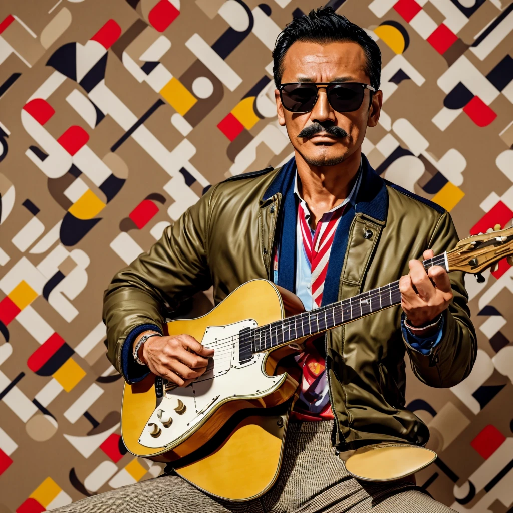 50 years old，Hidetoshi Nakata ，（Kogoro Mouri 1.3), tong, mustache，little beard,  ray ban glasses, khaki jacket, playing guitar,nice colourful symmetric pattern background, super detail, photography picture, wallpaper picture quality, masterpiece, high resolution, 4k hd, 8k hd, 16k hd