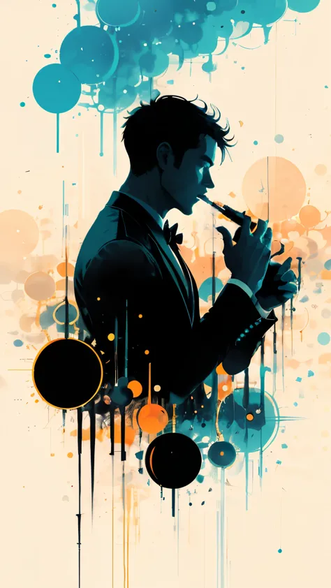 Detailed silhouette of a posed gentleman vaping:dynamic pose:profile,Ink splash,Bold colors,dynamically,colorful,An abstract mis...