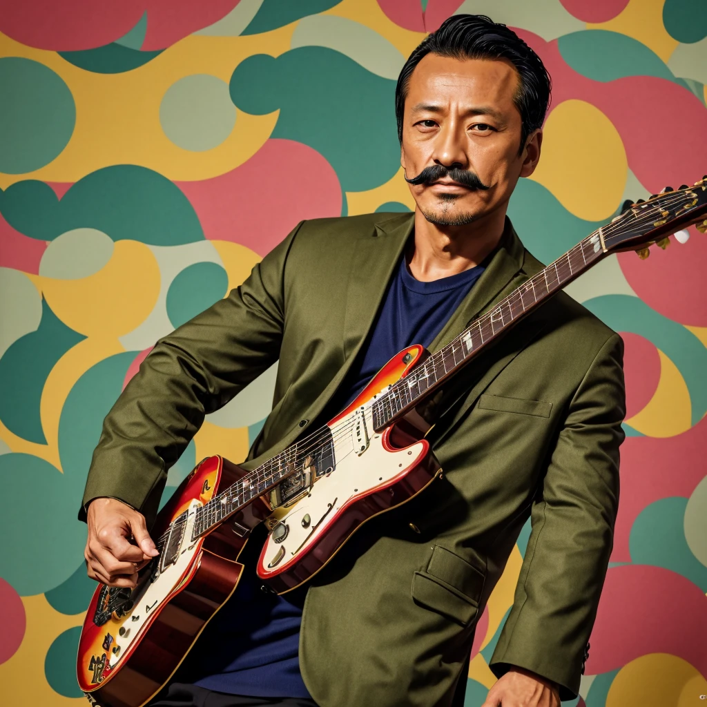 50 years old，Hidetoshi Nakata ，（Kogoro Mouri 1.3), tong, mustache，little beard, olive jacket, playing guitar,nice colourful symmetric pattern background, super detail, photography picture, wallpaper picture quality, masterpiece, high resolution, 4k hd, 8k hd, 16k hd