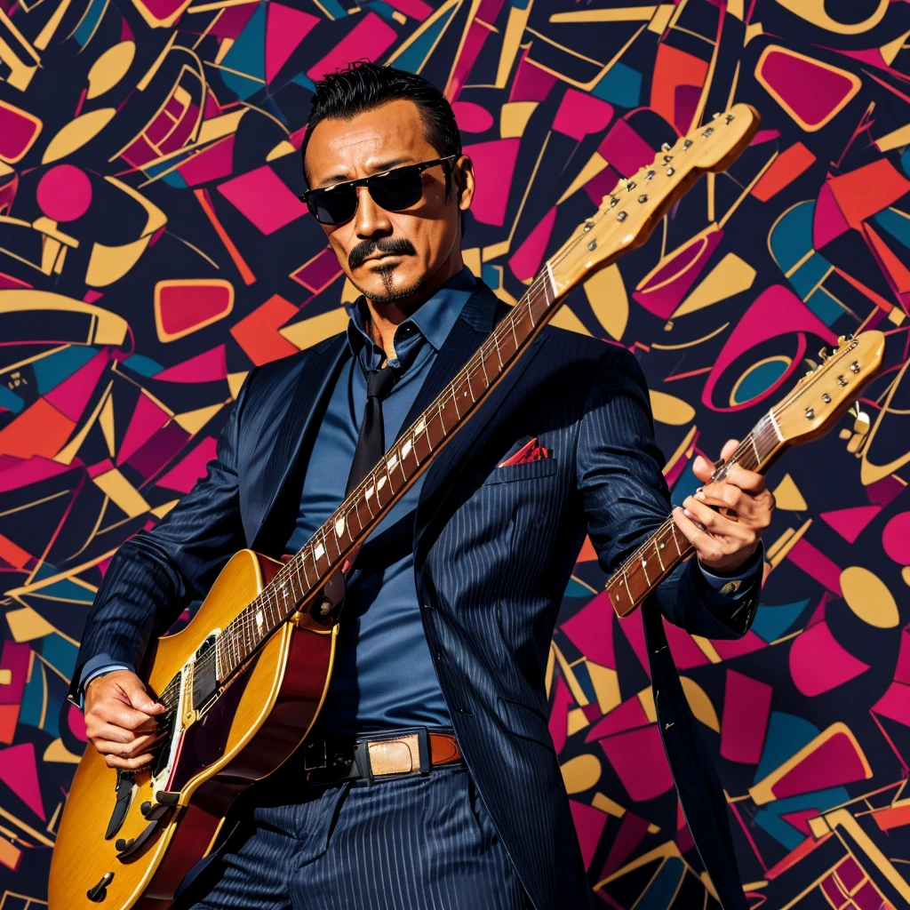 50 years old，Hidetoshi Nakata ，（Kogoro Mouri 1.3), tong, mustache，little beard, ray ban sunglasses, playing guitar, dark colourful pattern background, super detail, photography picture, wallpaper picture quality, masterpiece, high resolution, 4k hd, 8k hd, 16k hd